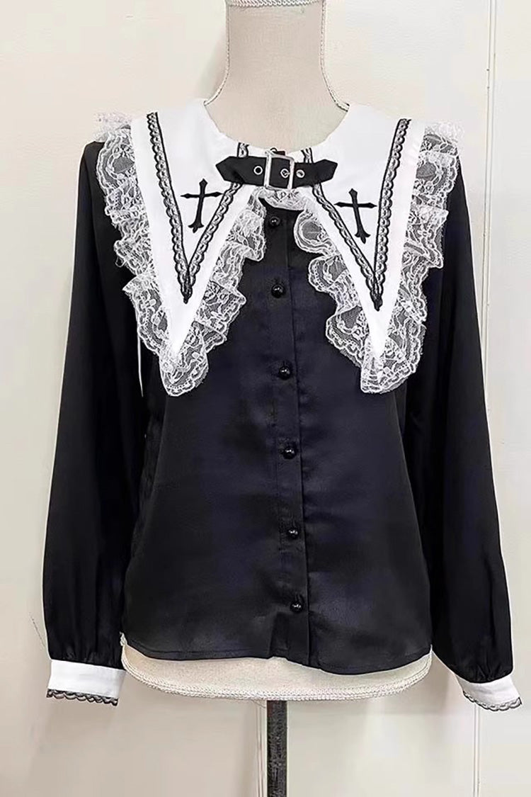 Cross Embroidery Lolita Jirai Blouse with Long Sleeves in Two Colors