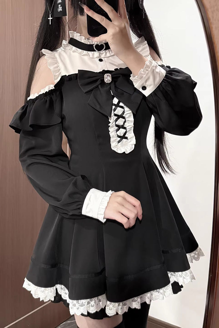 Monochrome Off-Shoulder Ruffle Jirai Kei Dress Ensemble