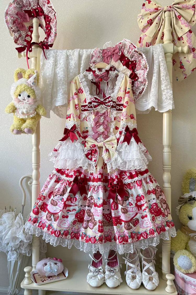 Yellow/Red Sweet Lolita OP Dress Half Sleeves Bow Lace Lace-Up - Sweet Berry Bunny Bear