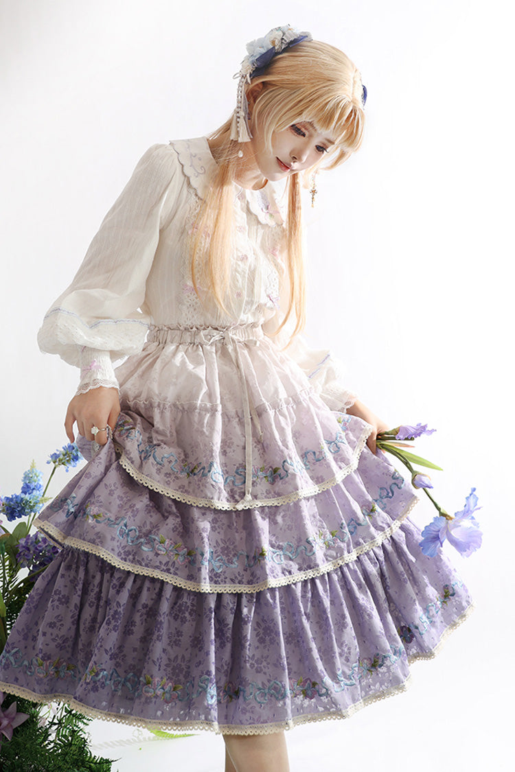 Violet Moonlight Iris Triple Layer Printed Ruffled Lace Lolita Skirt