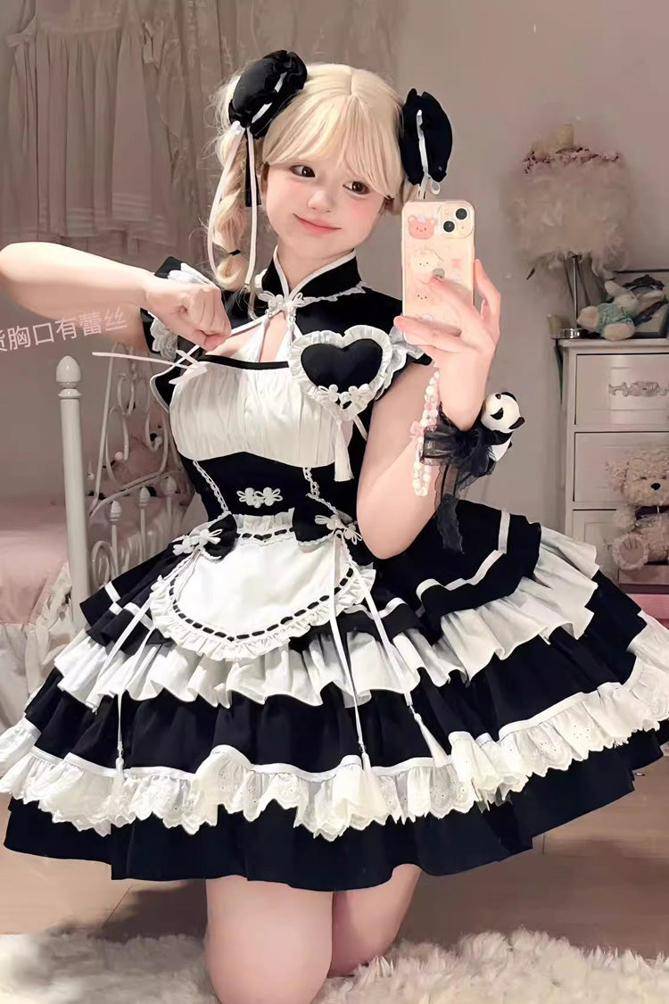 Black White Multi-Layered Ruffled Sweet Chinese Maid Cheongsam Dress