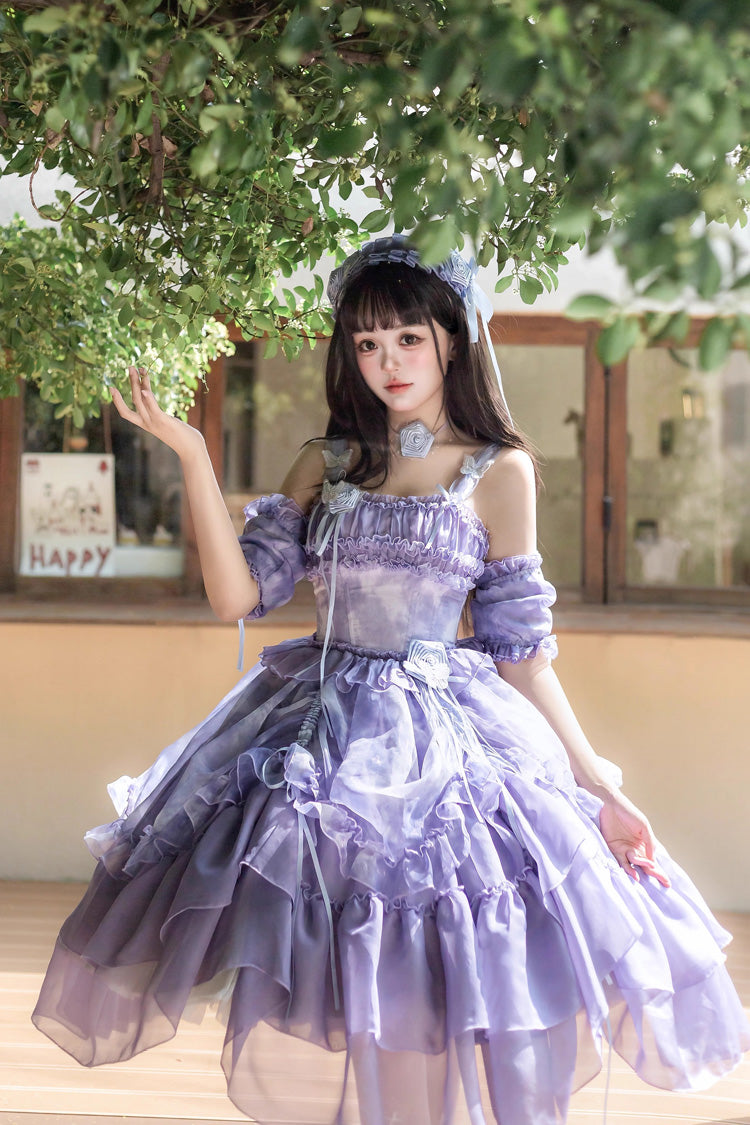 Goodnight Camellia Sleeveless Ombre Multi-Tiered Printed Ruffled Lace Fishbone Sweet Lolita Jumper Dress Three Colors