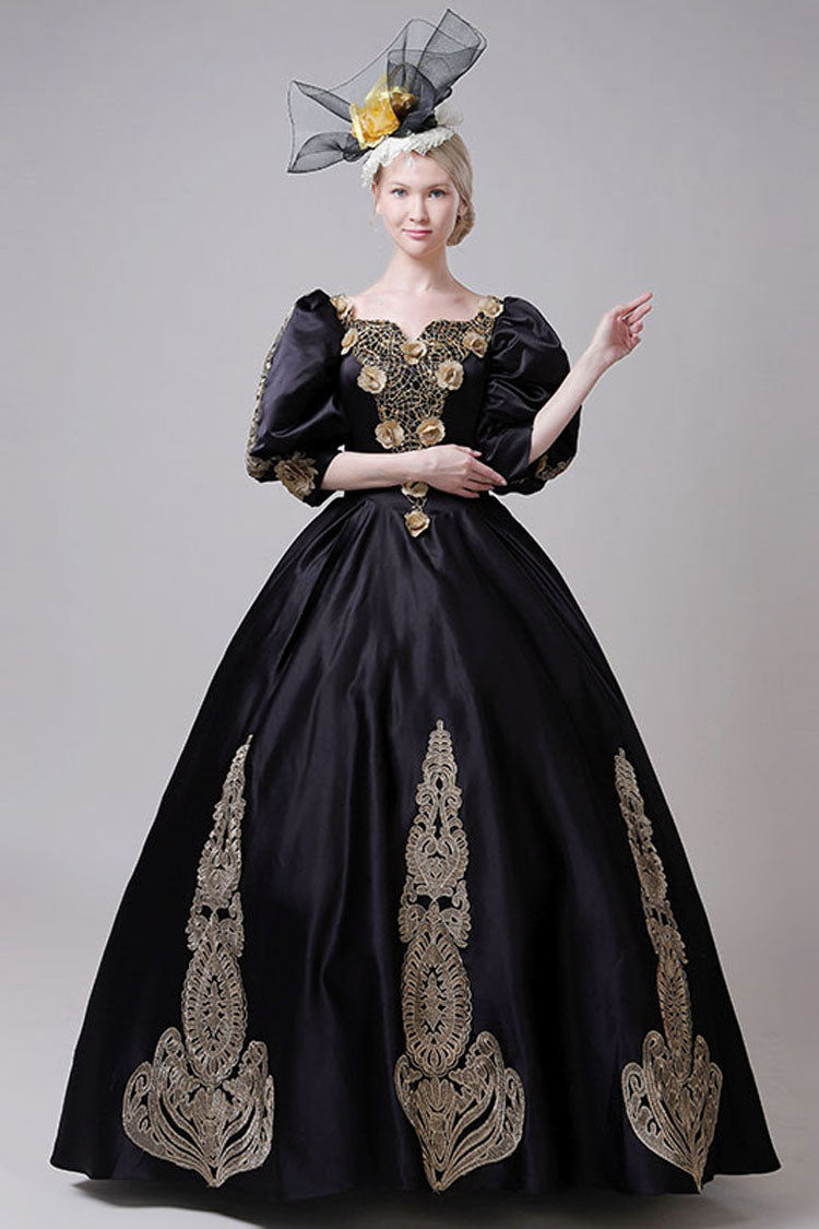 Boat Neck Half Sleeves High-Waist Gold Floral Hollow Print Victorian Lolita Ball Gown