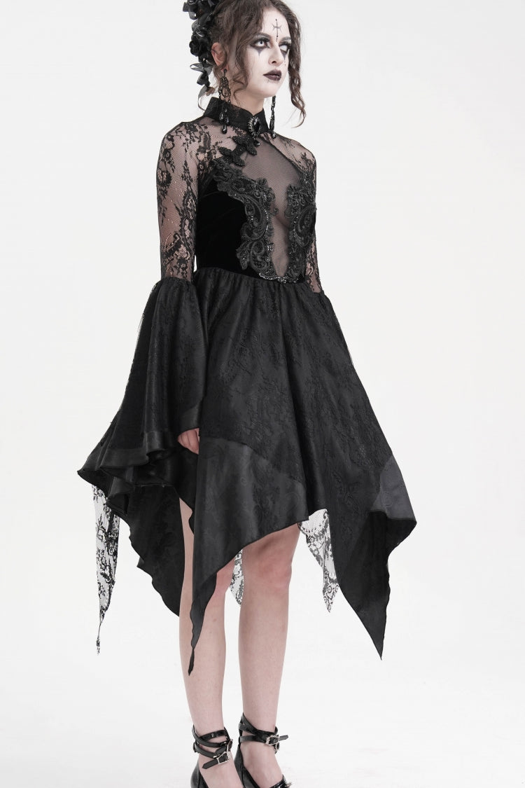 Black Long Sleeves Embroidery Lace Up Irregular Mesh Gothic Dress
