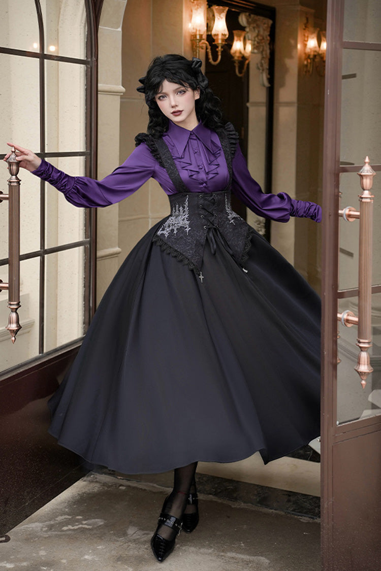 Black Night of Thorns Sleeveless Embroidered Lace-Up Gothic Strap Support Dress