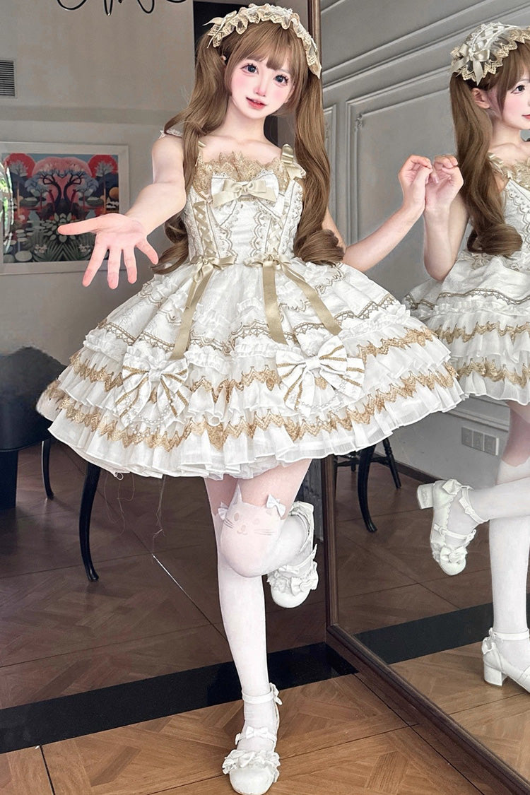 Ivory Sleeveless Double Ruffle Hot Stamping Bow Lace JSK