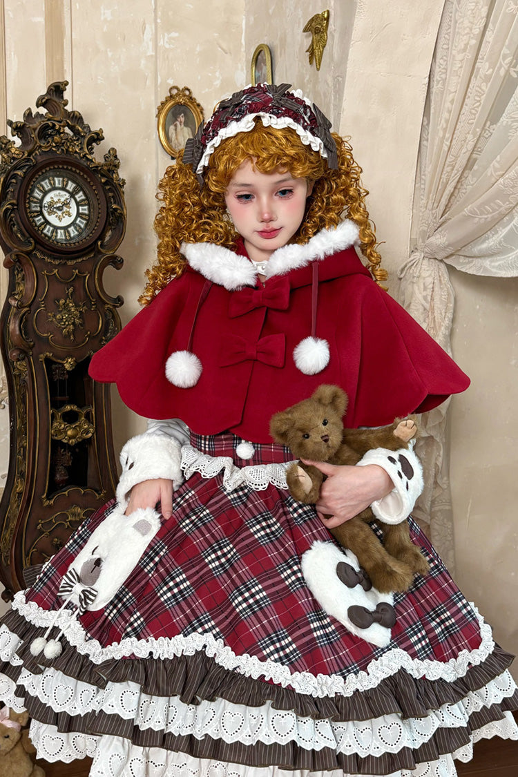 Crimson Layered Ruffled Bow JSK Dress Set with Floral Print