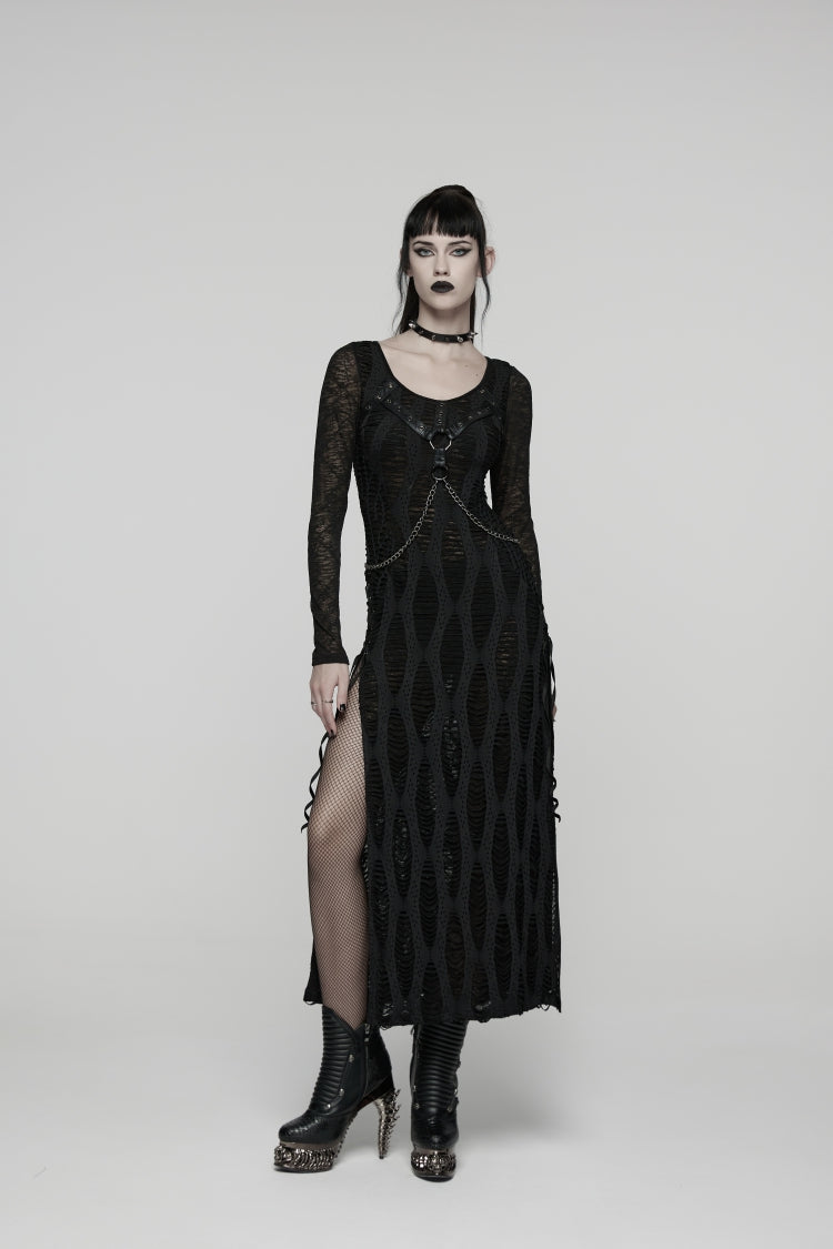 Dark Crewneck Long-Sleeve Cutout Lace-Up Slim Chain-Decorated Eyelet Punk Dress for Women