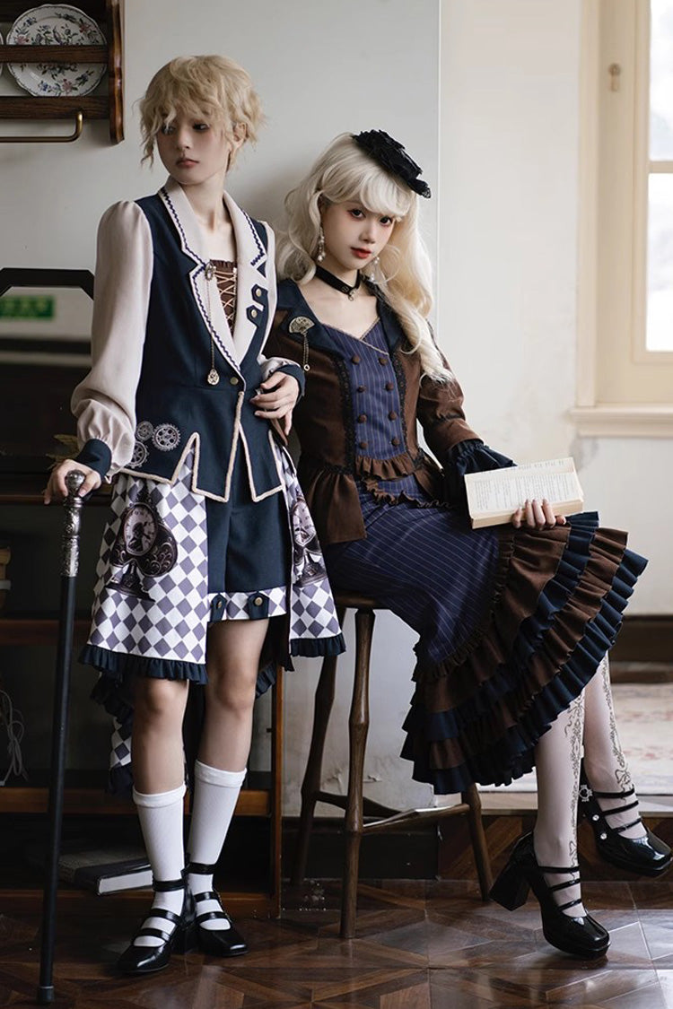 Blue Brown Time Traveler Long Sleeved Layered Printed Punk Mermaid Skirt Set