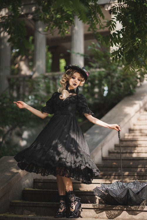 Rose Print Lolita OP Dress with Multi-Layer Ruffles, Sweet Style