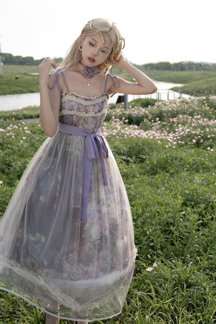 Violet Shaded Blossoms Oil Painting Sleeveless Printed Ruffled Bow Lace JSK