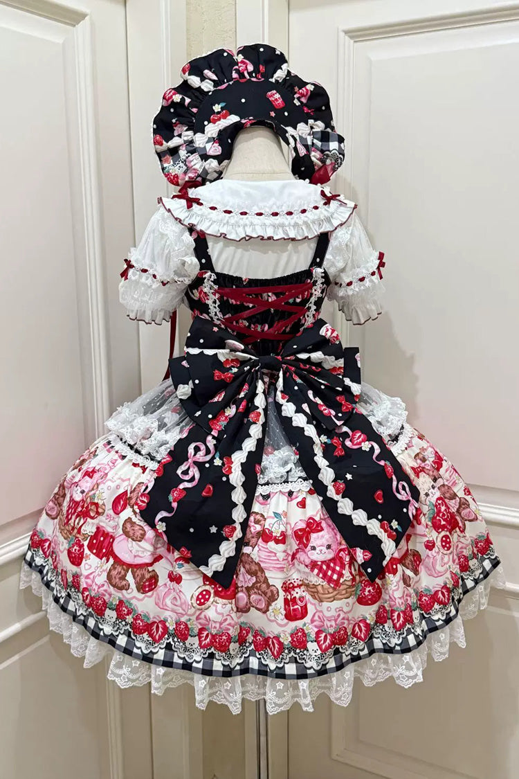 Red/Black Sweet Lolita JSK Dress Printed Bow Lace Lace-Up - Sweet Berry Bunny Bear