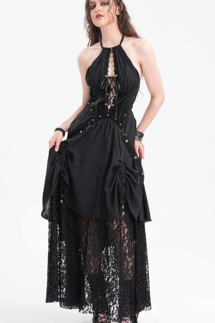 Alluring Black Hollow Lace Halter Gothic Strap Maxi Gown