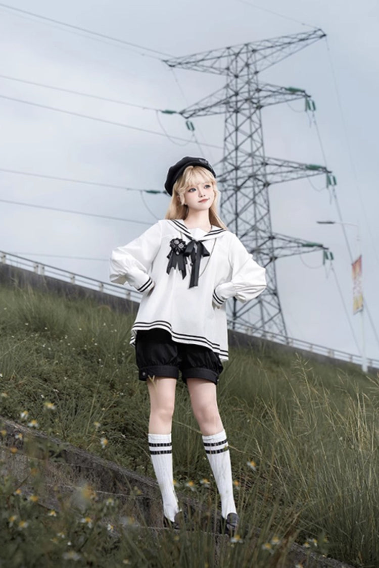 Old Stories Navy Collar Long-Sleeve Bow Ouji Gothic Lolita Set