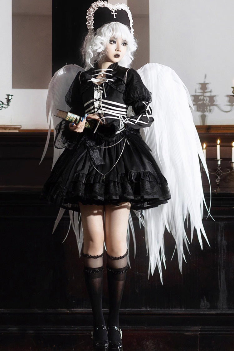 Black Prisoner Illusion Long-Sleeve Multi-Ruffle Bow Gothic Lolita JSK