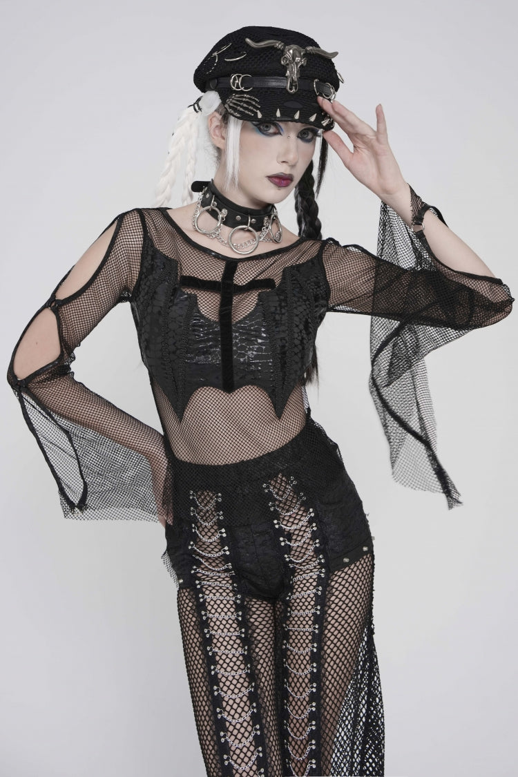 Noir Crewneck Long-Sleeve Sheer Eyelet Punk Bat Cross Mesh Tee for Women