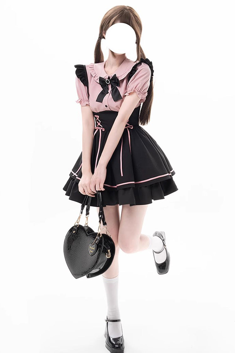 First Sakura Short Sleeves Multi-layer Lace-Up Sweet Jirai Kei Japanese Set - Black/Pink