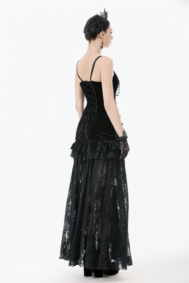 Gothic Velvet Long Skirt with Lace and Lace-Up, Black
