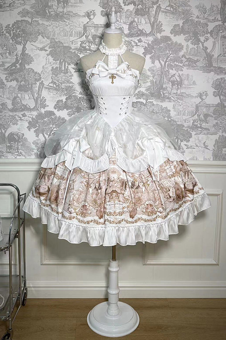 Ivory Halterneck Gothic Dress with Print and Bowknot - The Mystery of The Doll