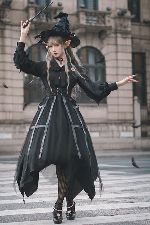 Ebony Gothic OP Dress - Lapel Collar Cat Eye Hem