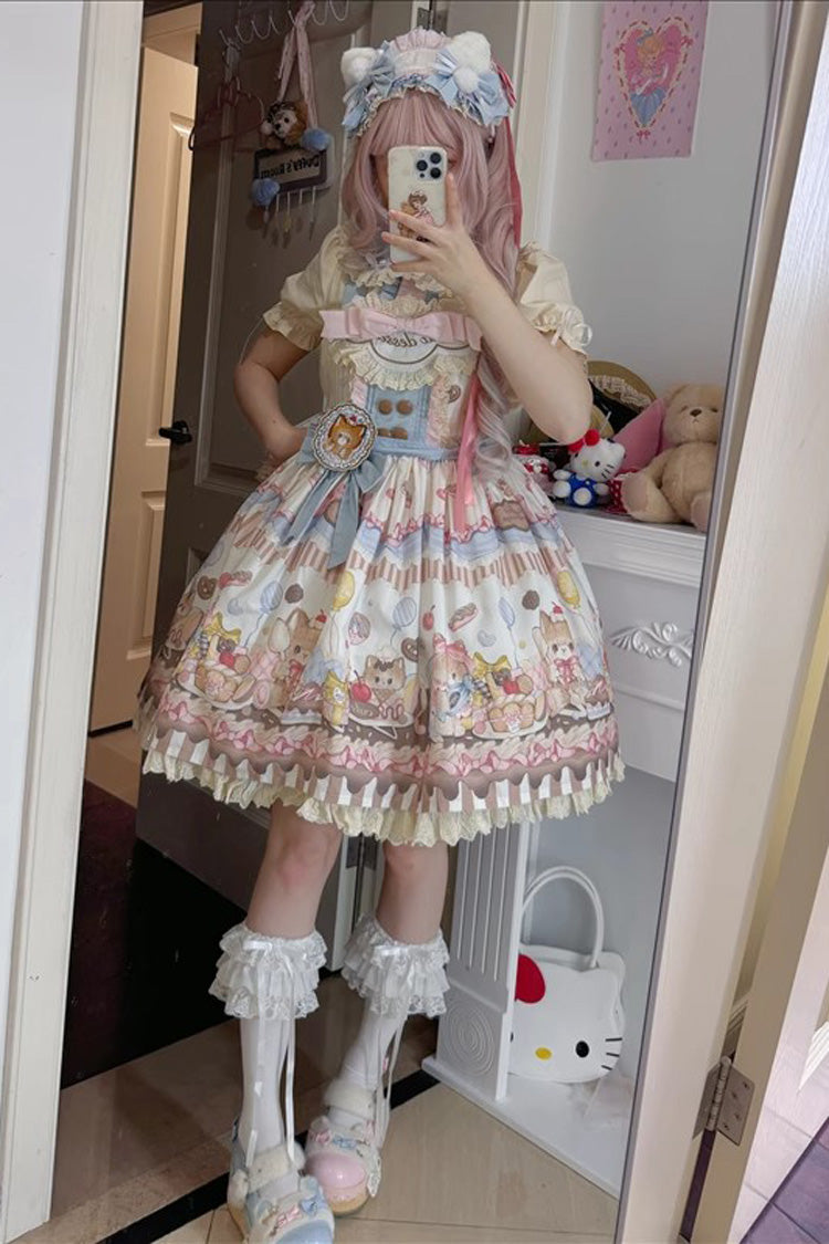 Sleeveless Print Ruffle Bow Lace Sweet Japanese Lolita Strap Dress - Multi Color