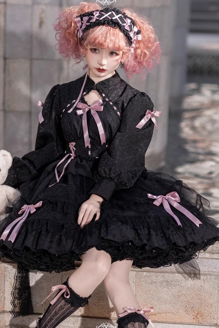 Love Song Long Sleeves Multi-Layered Jacquard Ruffle Bowknot Sweet Gothic Dress