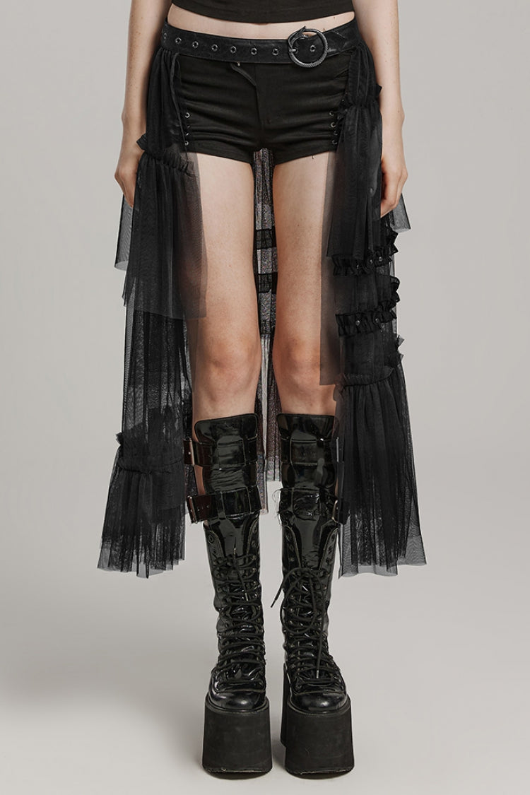 Steampunk Mesh Buckle Long Overskirt with Ruffles - Three Colors