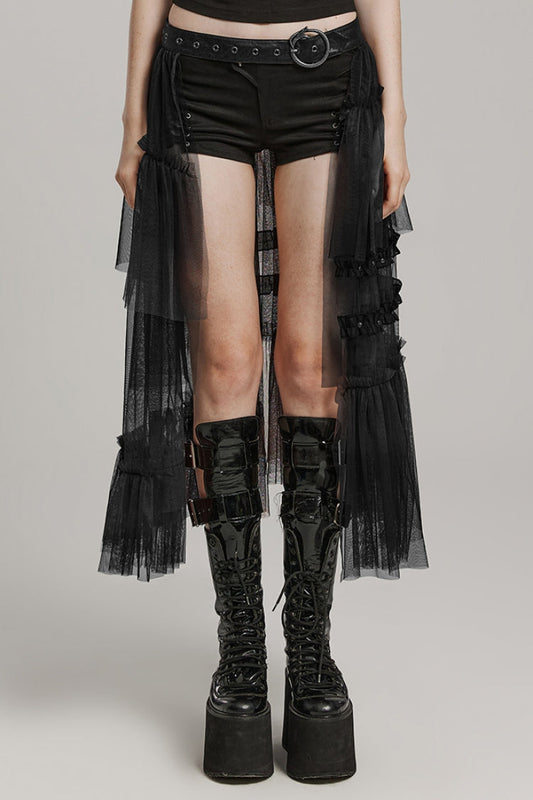 Steampunk Mesh Buckle Long Overskirt with Ruffles - Three Colors