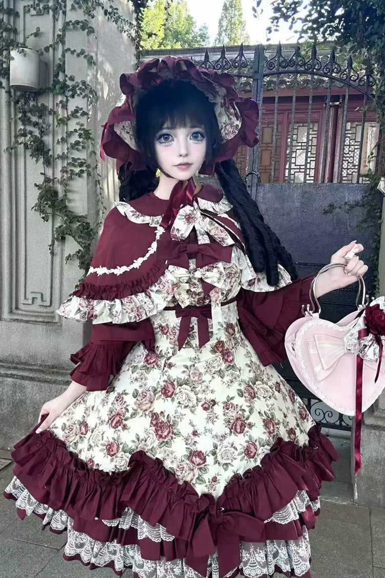 Burgundy Off-Shoulder JSK Dress with Ruffled Lace