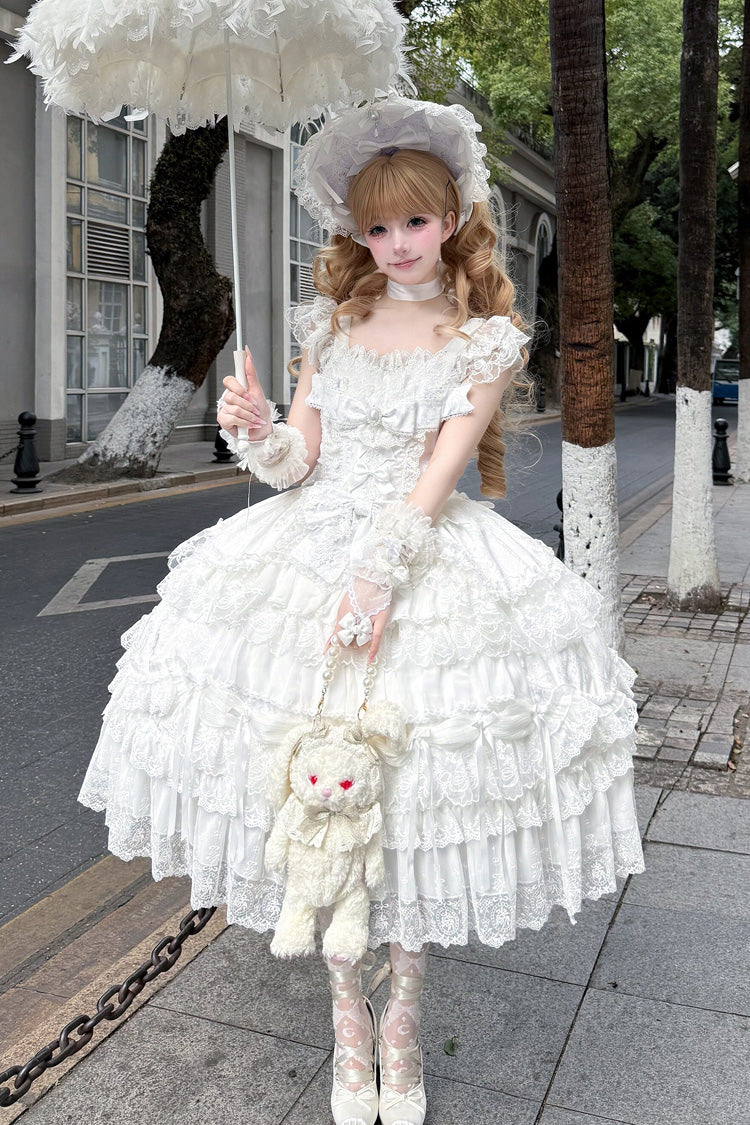 Ivory Square Collar Sleeveless Multi Bridal Embroidered Bow Lace JSK