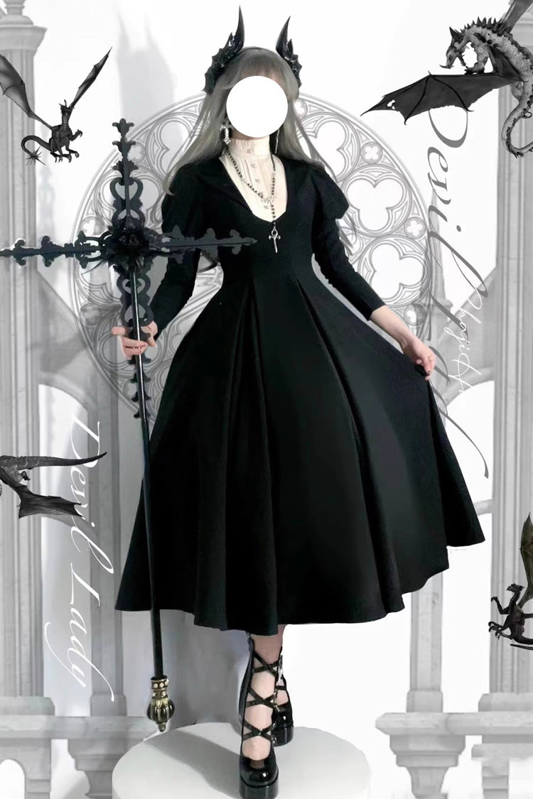 Plus-Size Gothic Lolita Dress with Puff Sleeves and High Waist