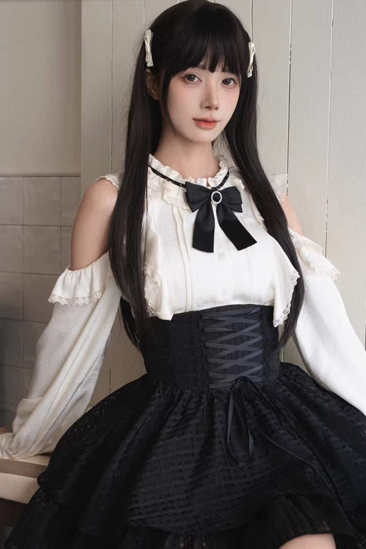 Black and White Round-Collar Cut-Out Bow Lace-Up Elegant Skirt Set