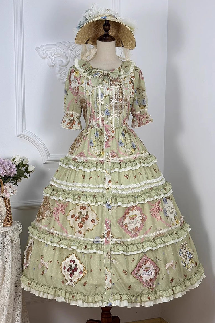 Green Short Sleeve Print Ruffle Cardigan Bowknot Gorgeous Dress