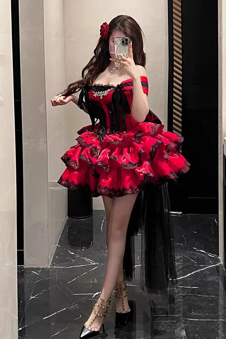 Sweet Lolita JSK Dress with Ruffled Lace and Lace-Up Back - Red