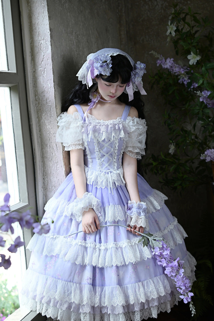 Violet Lavender Sleeveless Multi Printed Ruffled Bow Lace-Up JSK Set