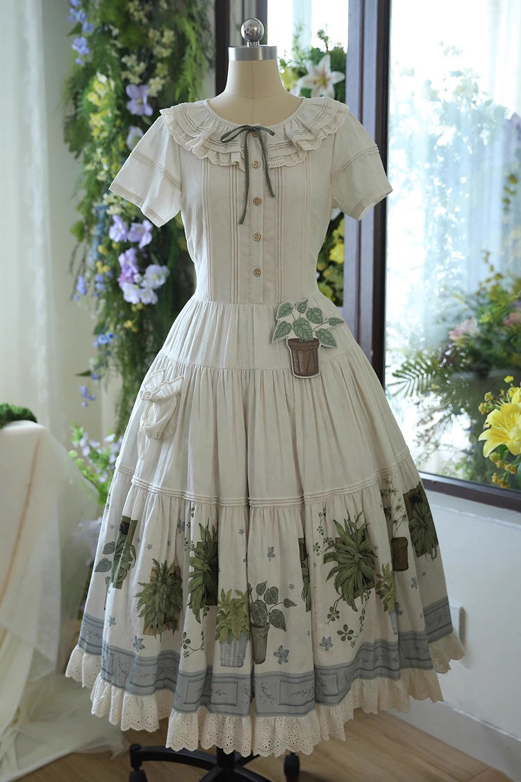 Ivory Potted Plant Short Sleeves Print Ruffle Sweet Lolita Dress