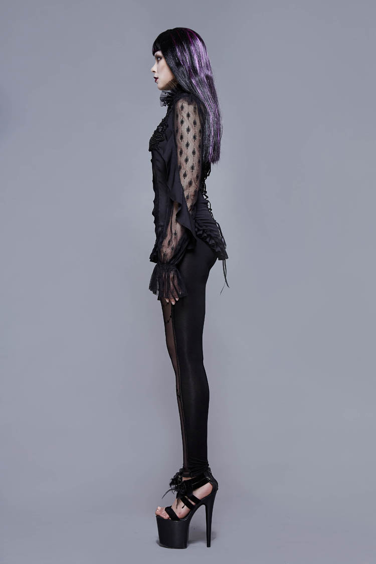 Gothic Blouse with High Collar Beaded Flowers Lace Cuffs Back Lace-Up