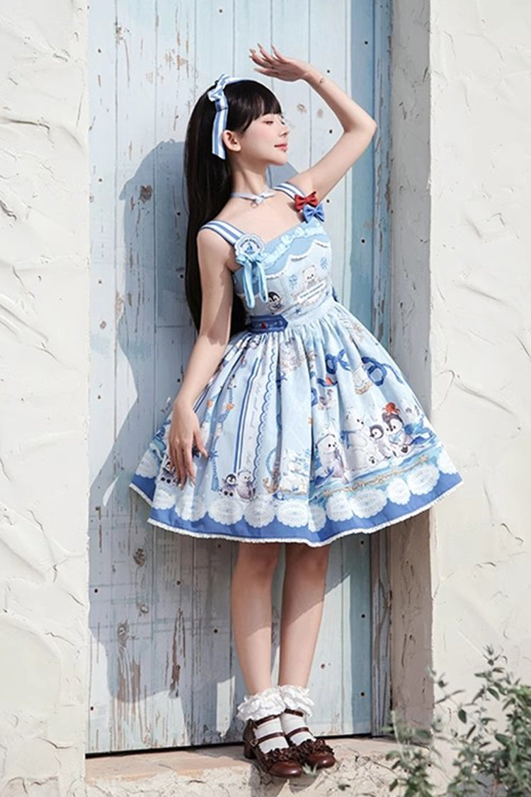 Penguin Navy Print Ruffle Bow Princess JSK Dress in Blue