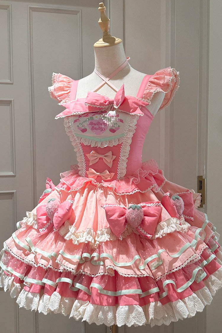 Pink Tiered Sweet Lolita Dress with Print and Multi-Layered Ruffle Bowknot