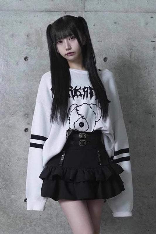 Black High Waist Ruffle Leather Buckle Gothic Jirai Kei Skirt