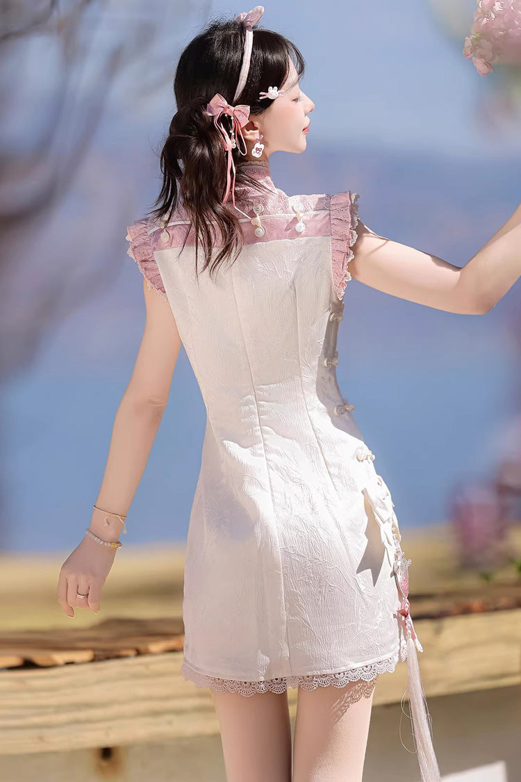 Ivory and Pink Spring Strawberry Stand Collar Ruffled Embroidered Lace Color-Blocked Chinese Sweet Lolita Cheongsam