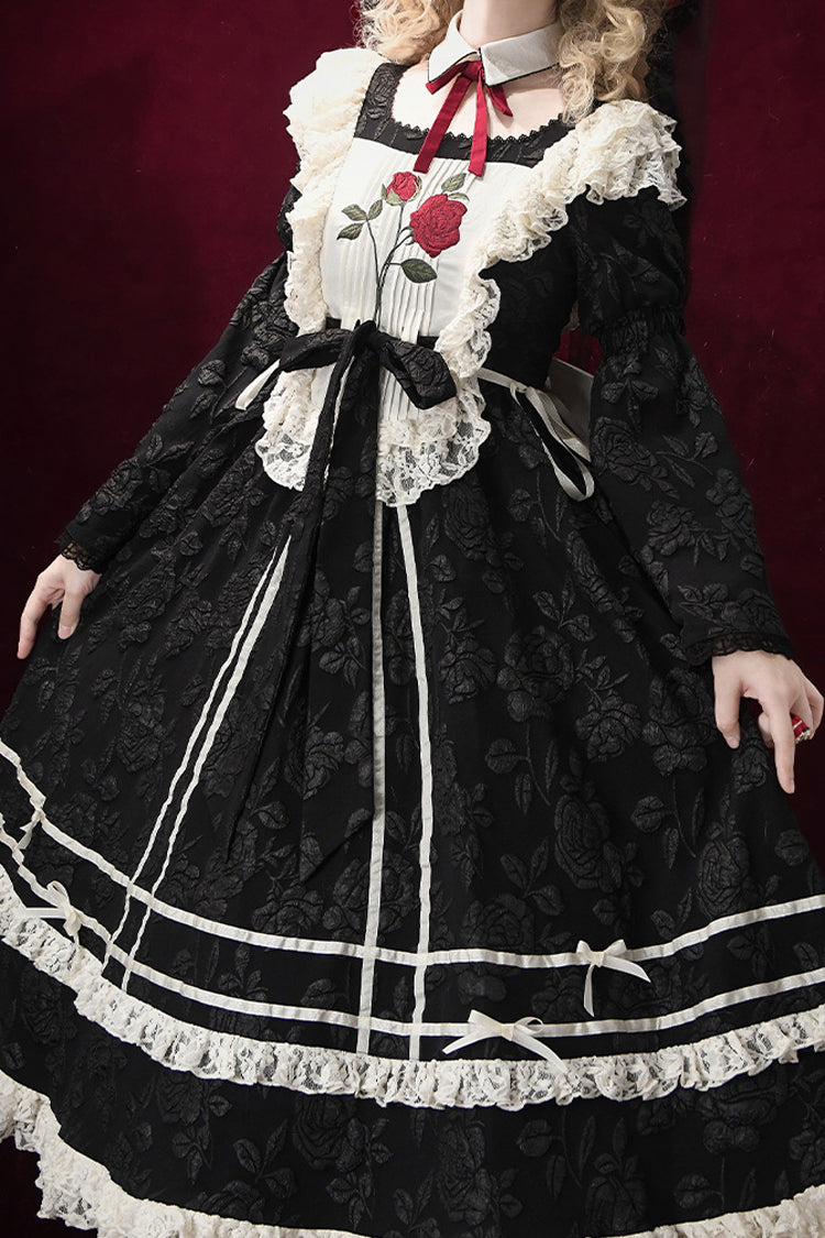 Black Double-Layered Ruffled Embroidered Bow Lace Gothic Nun Dress - Rose Choir