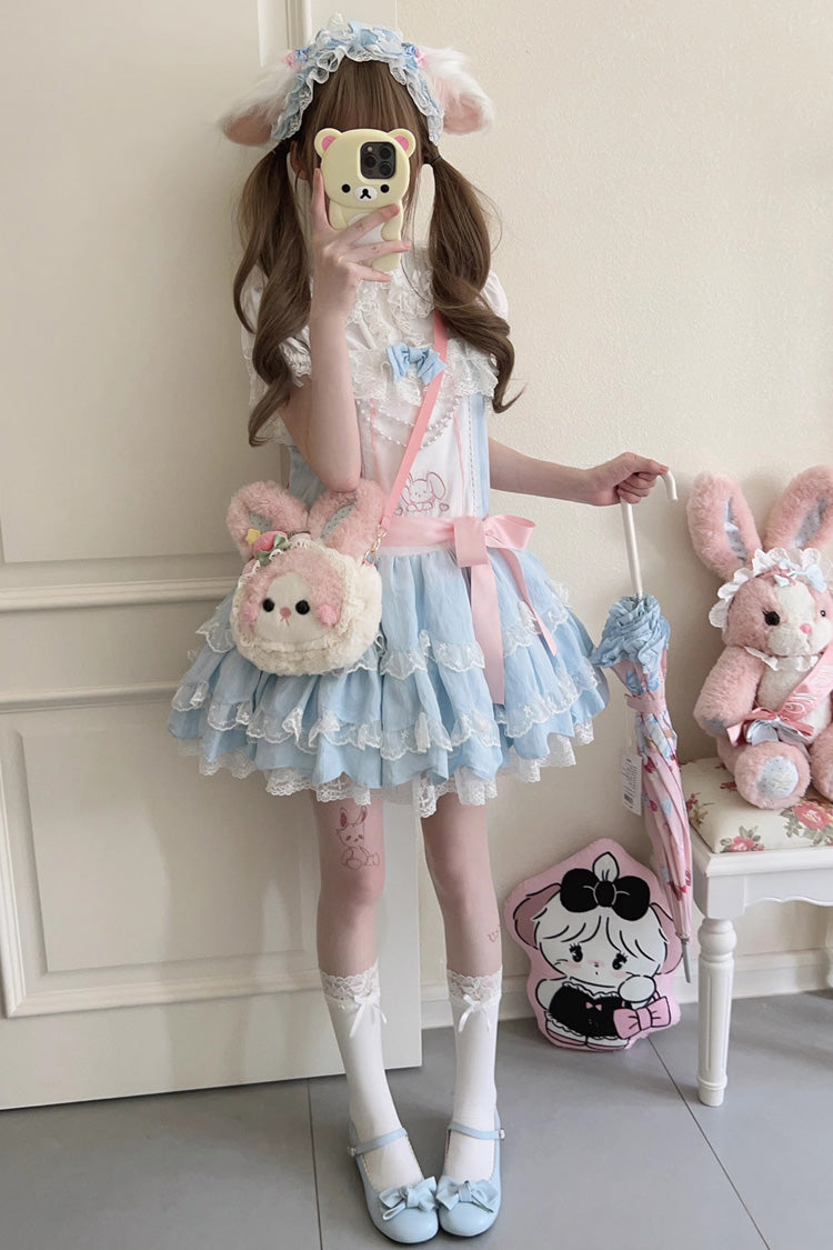 Azure Rabbit-Embroidered Sweet JSK with Double Ruffles
