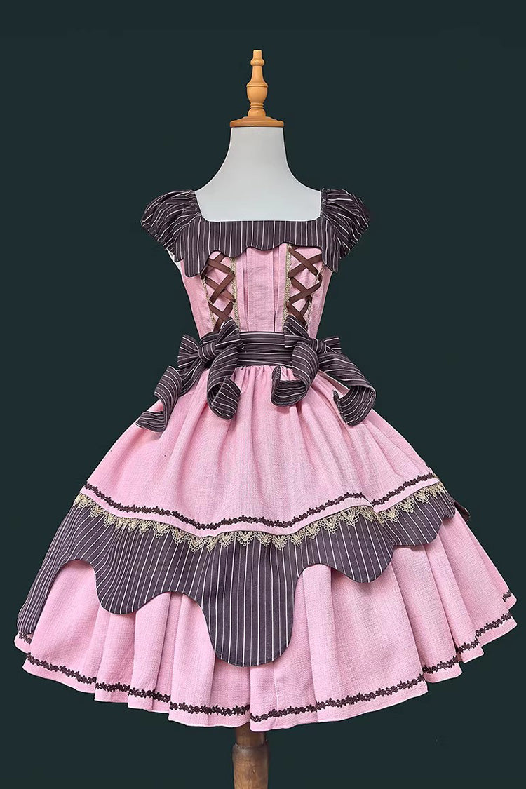 Irregular Sweet Dress with Double-Layered Print and Bow Lace-Up - Strawberry and Mint Chocolate