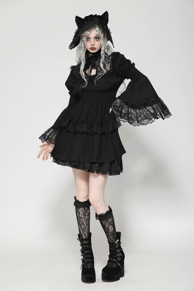 Gothic Victorian-Inspired Black Lace Ruffled High-Neck Puff-Sleeve Cutout Maxi Gown
