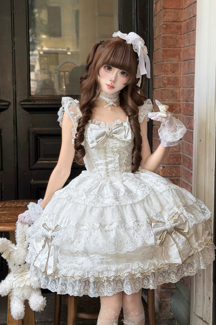 Ivory Sweet JSK with Square Collar and Jacquard Ruffles - Day and Night Duality