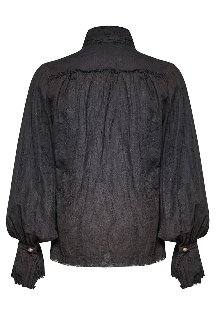 Jet-Black Steampunk Tie Shirt with Lantern Sleeves and Metal Buttons
