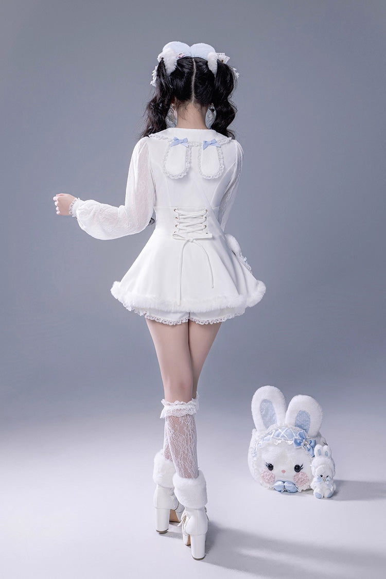 Ivory Ruffled Bow Lace-Up Jirai Dress with Plush Shorts