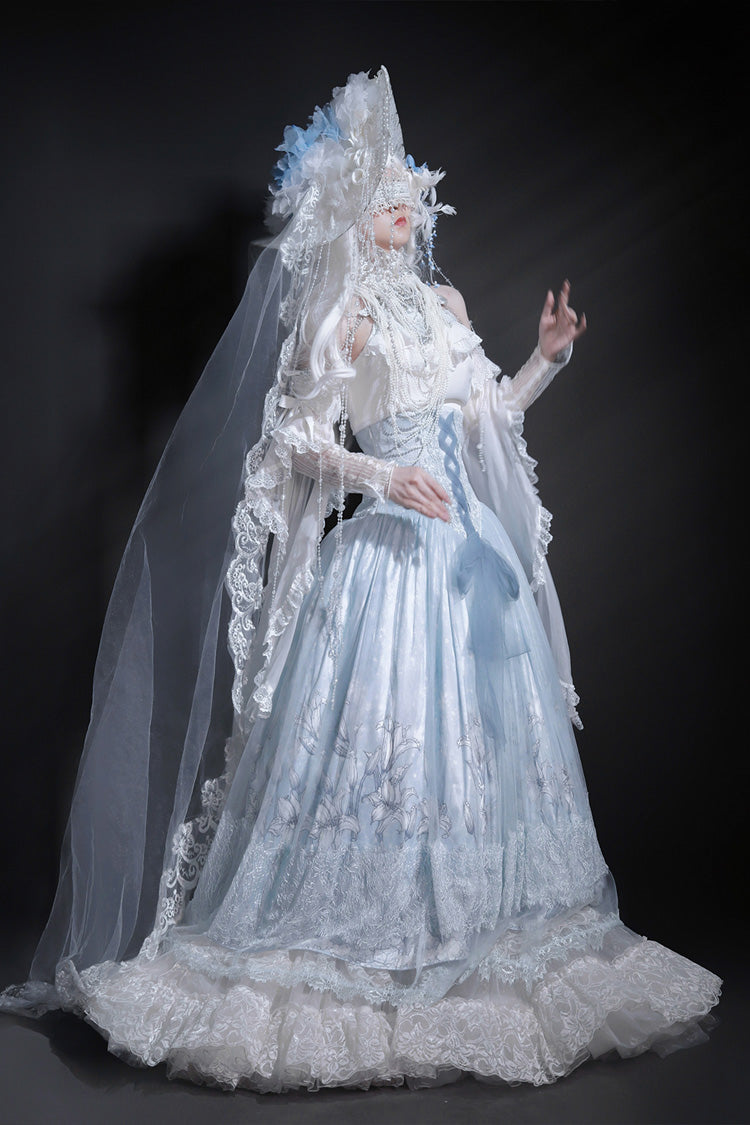 Snow Lily Print Ruffle Hanayome Embroidery Lace-Up Elegant Princess Lolita Skirt Set in Blue
