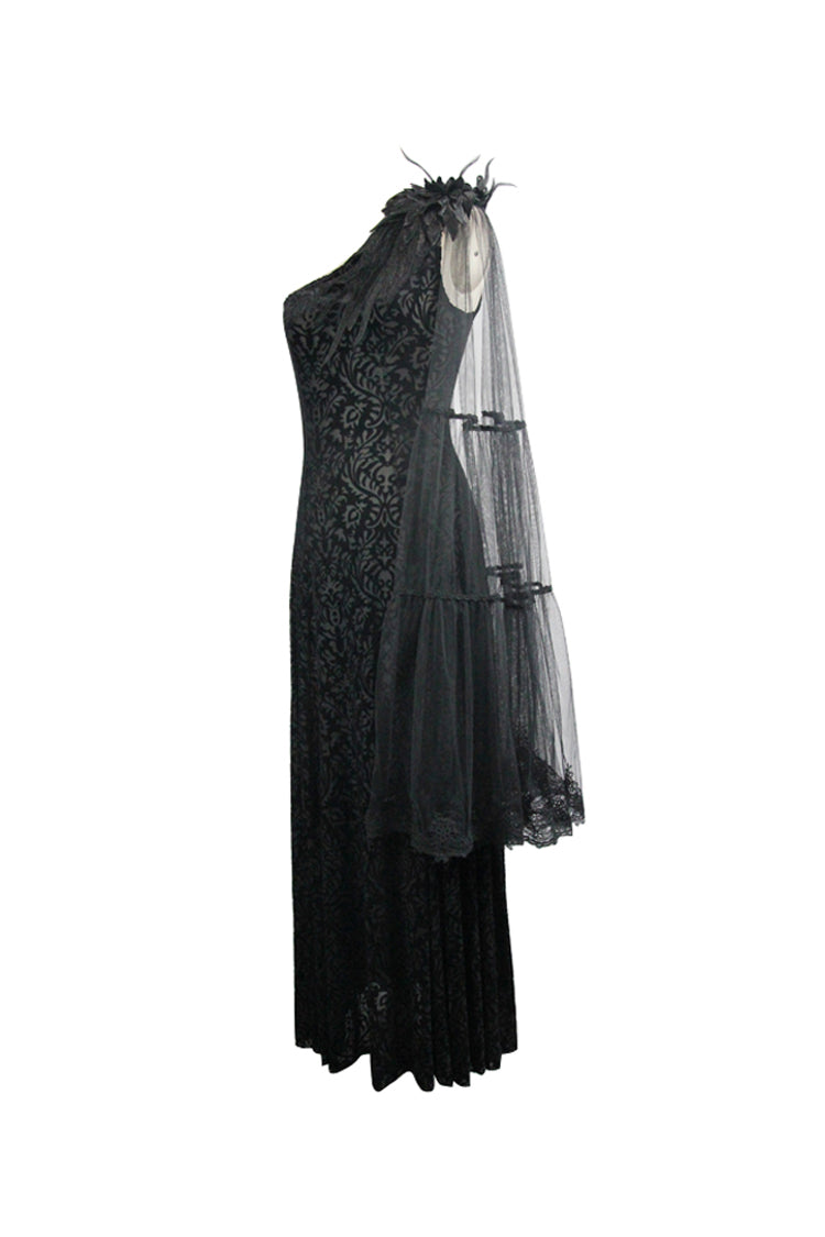 Feather Lace Velvet Gothic Dress with One Shoulder